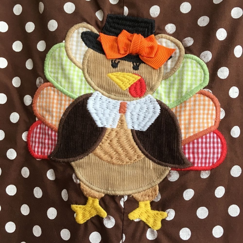STELLYBELLY‎ BROWN AND WHITE POLKA DOT ROMPER WITH APPLIQUED TURKEY - Picture 3 of 6